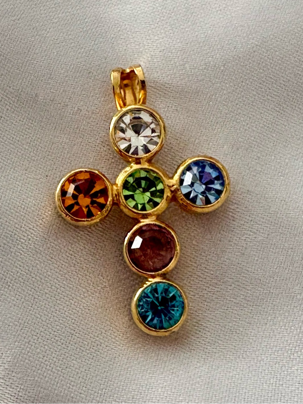 Multicolor Crystal Cross Pendant Gold Tone Rainbow Rhinestone NWOT